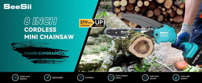 SeeSii Mini Chainsaw 8 inch, Electric Chainsaw Cordless, Upgraded Brushless Chainsaw with Auto Oiler, 2pcs 4000mAh Batteries, Battery Powered Saws Handheld Chain Saw for Tree Branch Wood Cutting CS800 #TikTokShopBlackFriday
