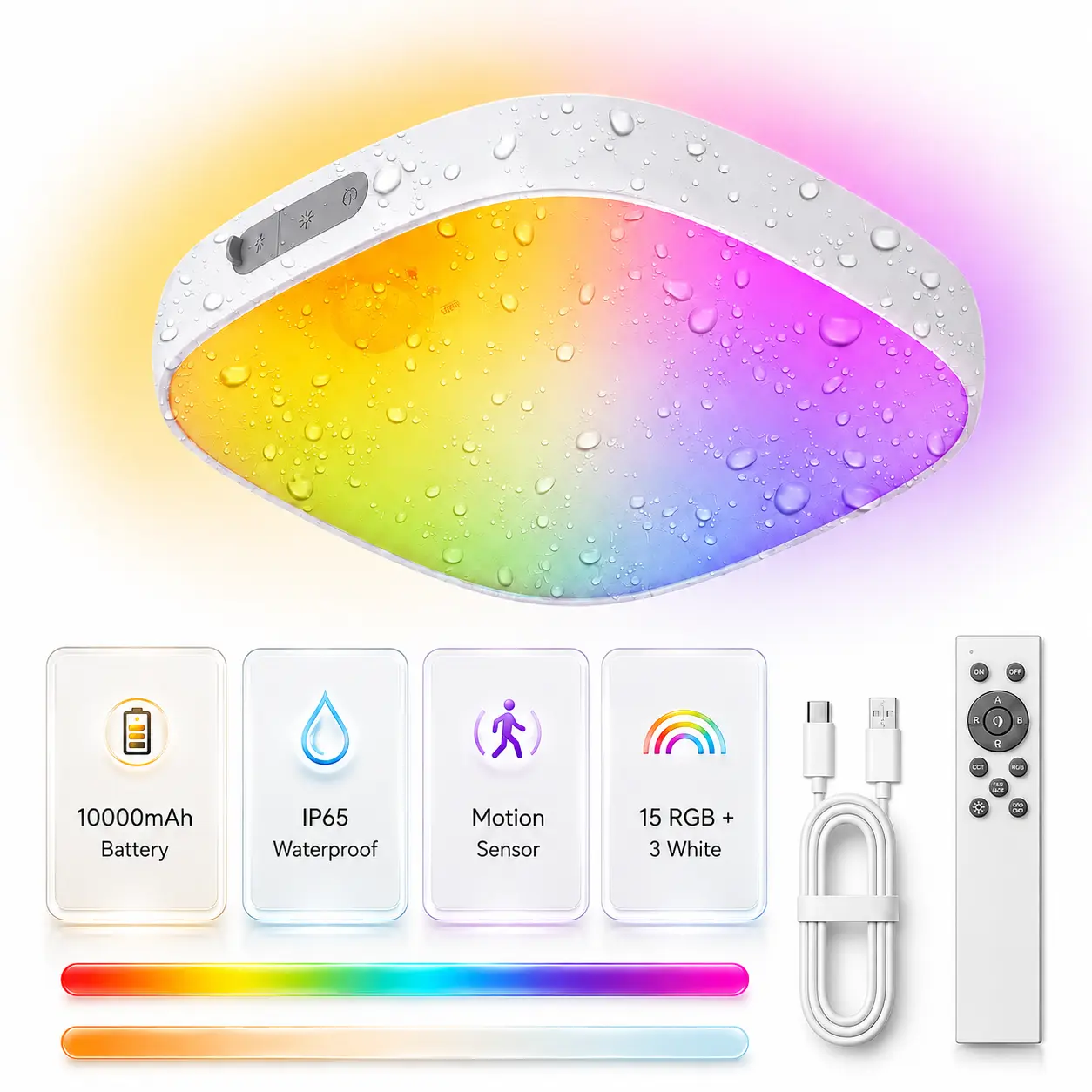 Diomart Rechargeable Motion Sensor Ceiling Light, 10000mAh Battery, IP65 Waterproof, Dimmable Cordless LED with Remote, 15 RGB Colors & 3 White Modes for Bathroom, Shower & Closet