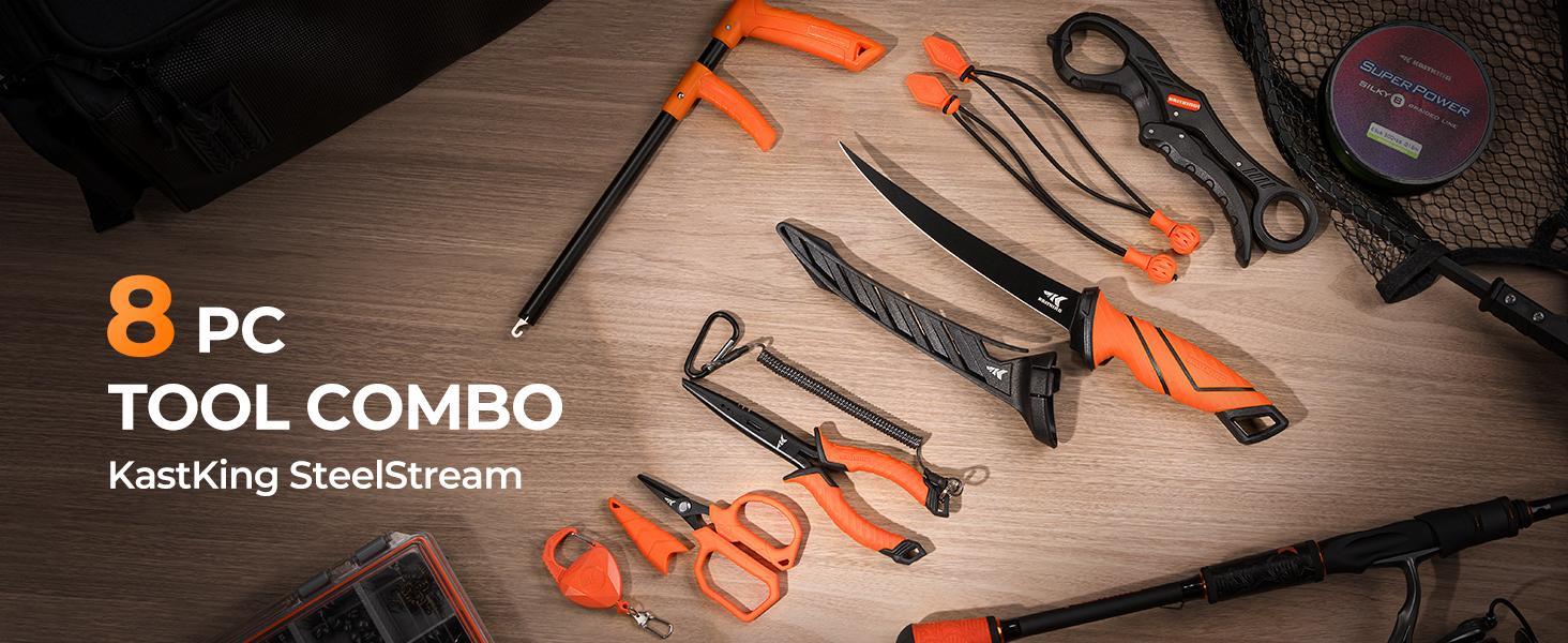 KastKing SteelStream/ ToughTide  Fishing Tool Kit - Fishing Pliers with Lanyard, Fillet Knife, Floating Fish Lip Gripper, Fishing Braid Scissors, Tool Retractor, Fishing Hook Remover, Bungee Cords ToughTide Tools Kits Carabiner Outdoorfun