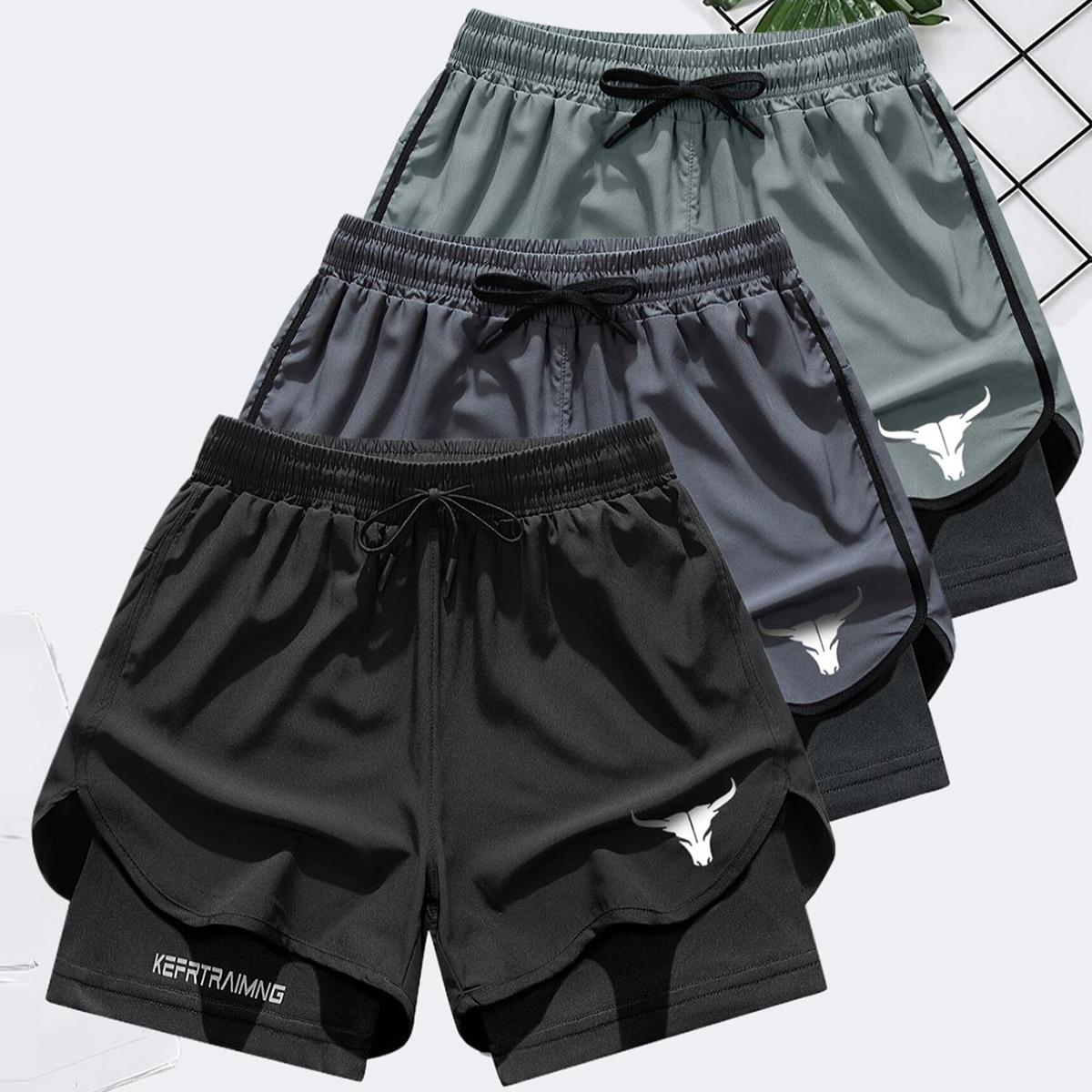 Men's Letter & Bull Head Print 2 in 1 Double Layer Drawstring Waist Gym & Casual Shorts, Regular Fit Comfortable Breathable Quick Drying Anti Exposure Pocket Shorts for Gym Workout, Running & Daily Wear, Men's Bottoms for Summer