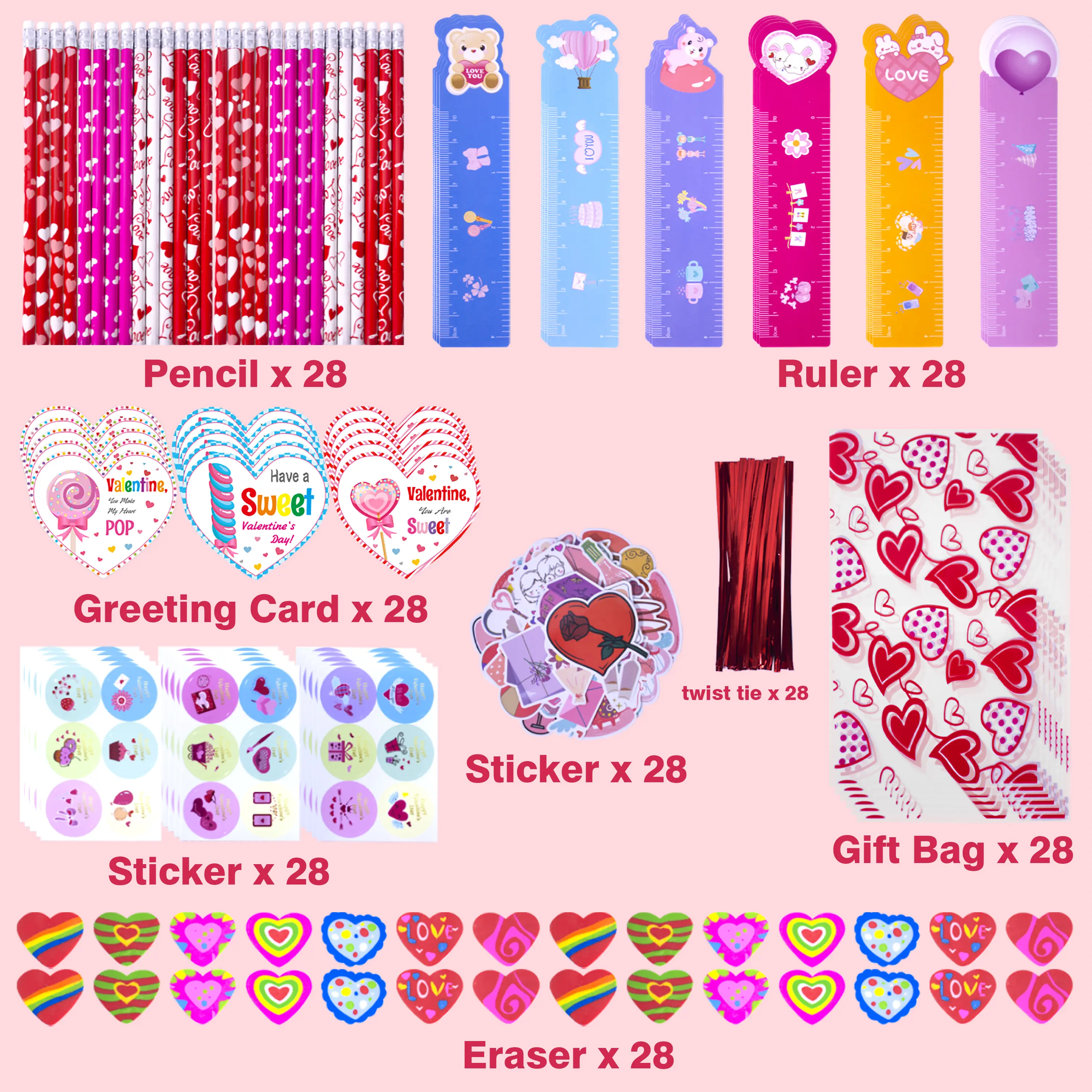 196pcs Valentines Day Gifts for Kids Classroom School Stationery Set - Valentine Pencils Notepads Rulers Erasers Valentines Treat Bags Gift Bags Party Favors for Kids