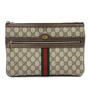 Pre-owned GUCCI Leather Clutches & Wristlets GG Supreme Monogram Large Ophidia Pouch Clutch Brown