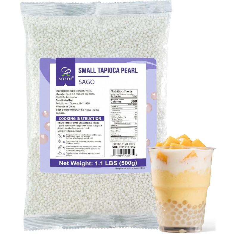 Soeos Small Tapioca Pearls for Asian Desserts, Bubble Tea, and Puddings, Quick-Cooking Sago Ball, Non-GMO, Gluten-Free,1.1 lbs (500g)