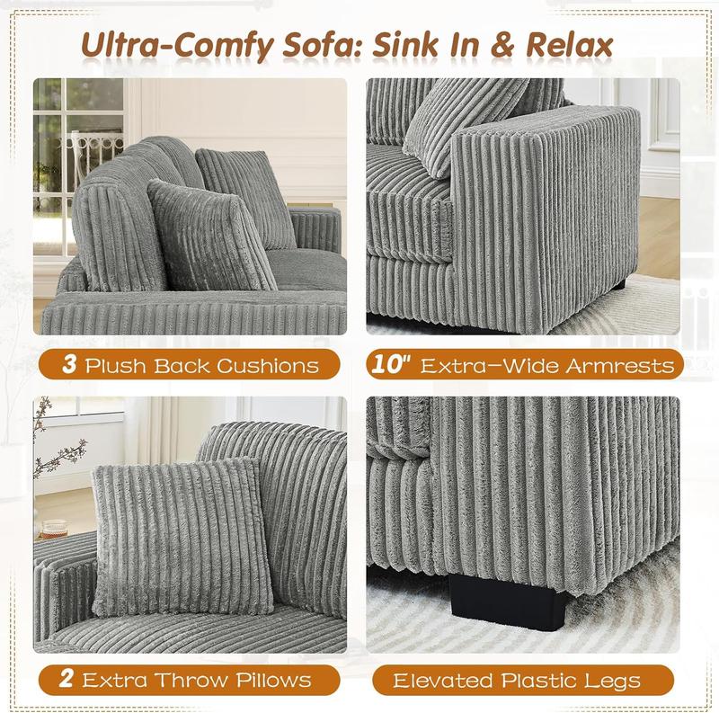 【New Year Special Discount】 Niccae LED Lighted Convertible Teddy Fabric Foam Sleeper Sofa with 6 Pillows Corduroy Tufted L-Shaped Modular Sectional with Ottoman Left & Right Placement for Living Room Bedroom Office Apartment