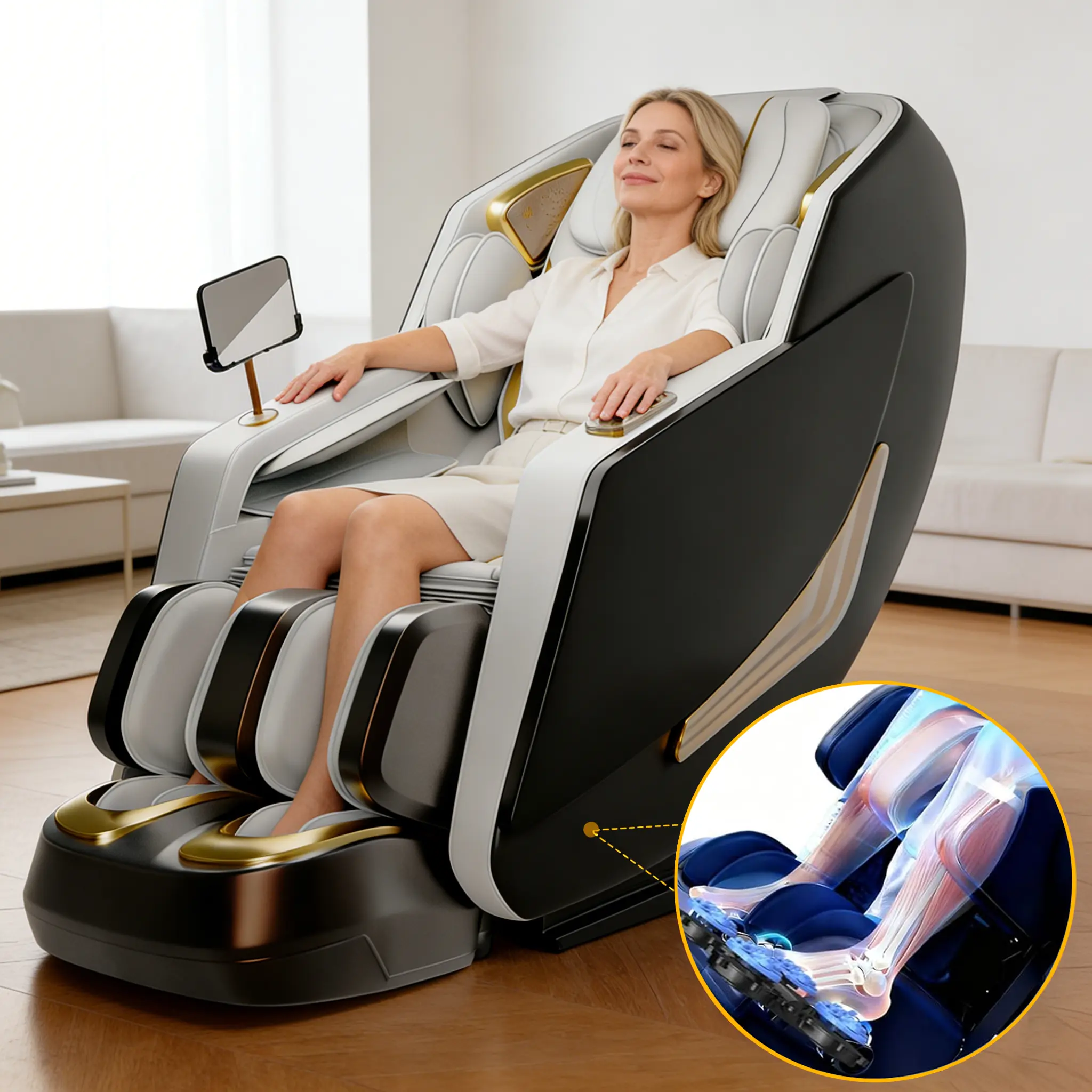 MT3069 4D Massage Chair, a full-body acupressure massage recliner with electric retractable footrest, zero gravity function, SL rail, deep yoga stretching, foot rollers, and heating function (black).