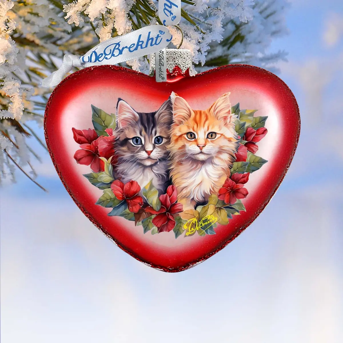 Designocracy 753-015 3x3.5 in. Satin-Lined Handmade Cute Kittens Heart Painting Glass Ornament, Festive Christmas Decorations, Decorative Christmas Decor, Collectibles, Home Decor Box Inclusion