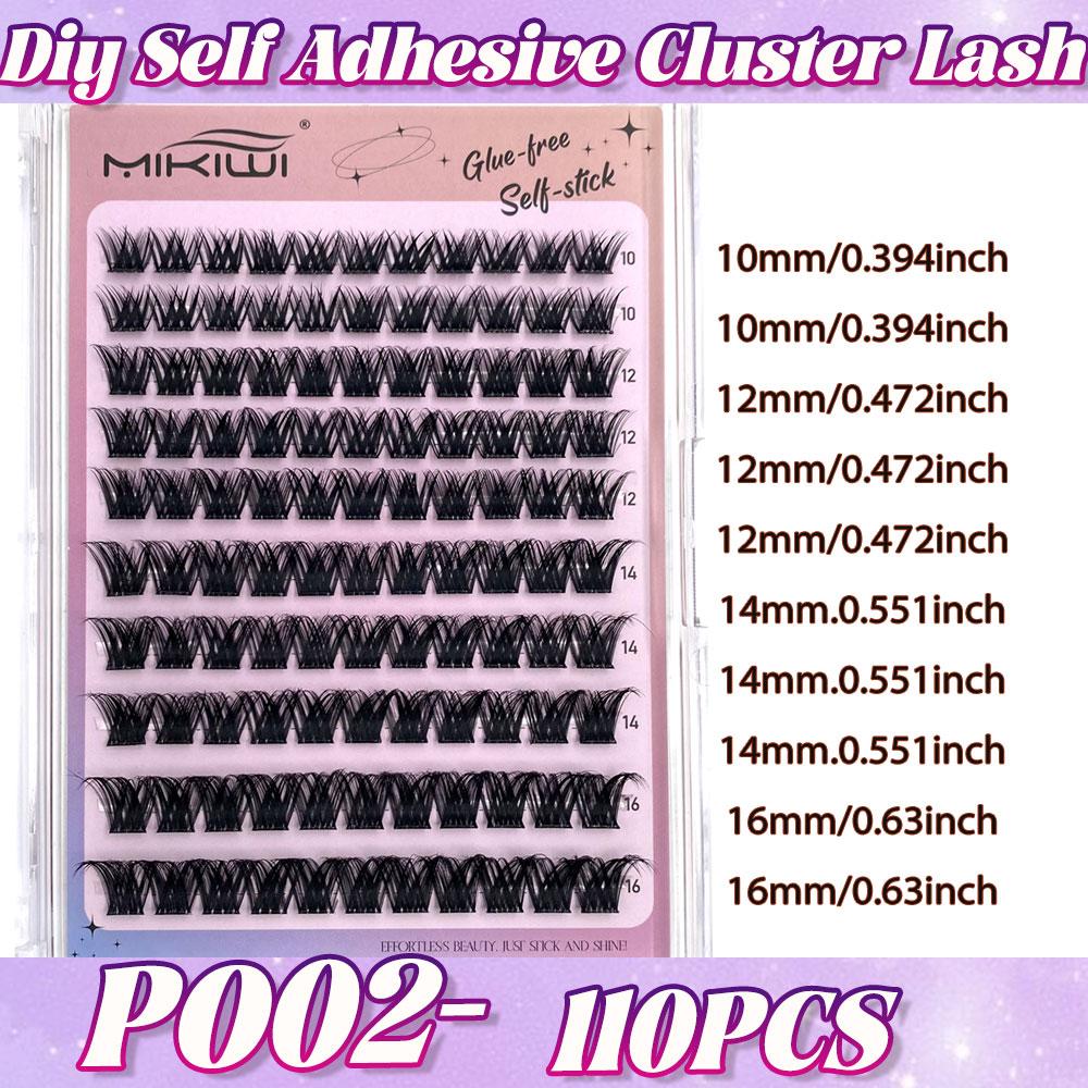 MIKIWI D Curl 110PCS Lash Clusters Wispy Glue Free Eyelash Extensions Fluffy Self Adhesive Individual Lashes 10-16mm Mix Length Natural DIY Cluster Lashes With Soft Thin Band