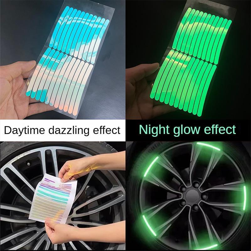 10-packs Car wheels reflective color laser glow-in-the-dark tire anti-collision stickers personalized creative motorcycle electric car colorful stickers Luminous Wheel Hub Reflective Strips