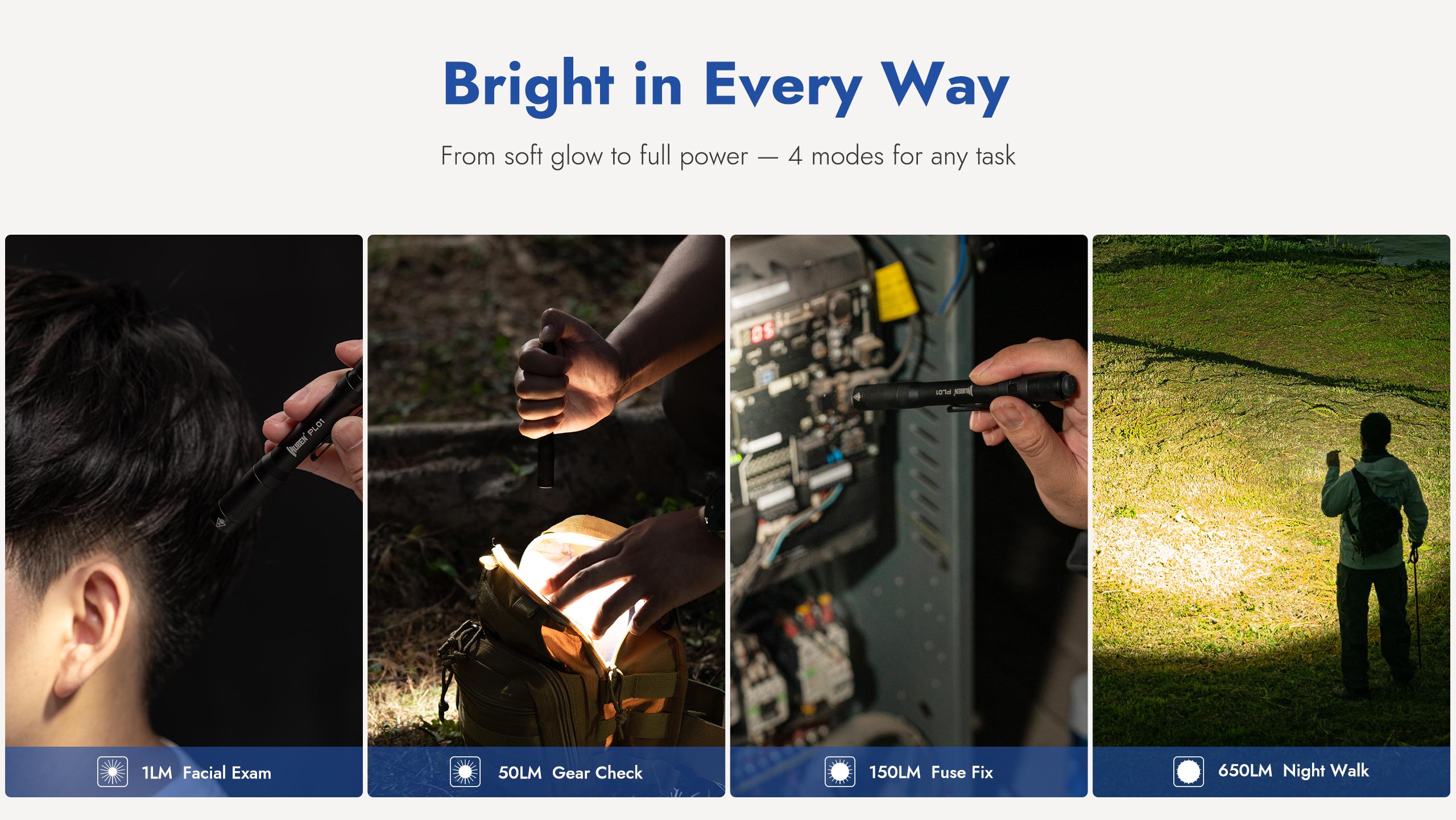 WUBEN PL01 LED Pen Light, 1–650 Lumens, CRI90+ Natural White, USB-C Rechargeable & Compatible with 2 AAA Batteries, Clip-On Torch for Tight Spaces, Police, Engineers & Medical Use, outdoorfun