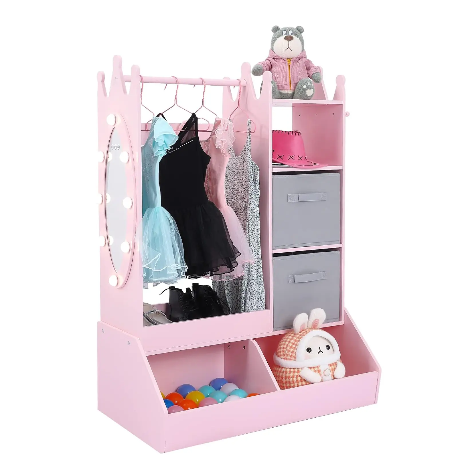 Girls' Dress up Storage with Light & Mirror, Kids Clothing Rack with Storage Bin, Girl's Open Hanging Armoire Closet