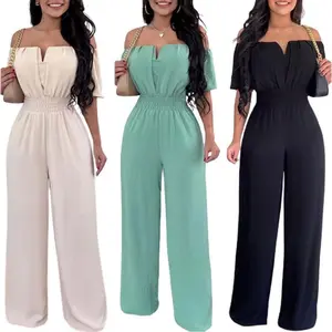 2025 Style Off-Shoulder Waist-Cinching Loose Straight-Leg Jumpsuit for Women V-Neck Versatile Work Pants,  Suitable for Daily Wear and Various Occasions,H Womenswear Overalls Comfort Wideleg Basic Fitted White Minimalist Shortsleeve