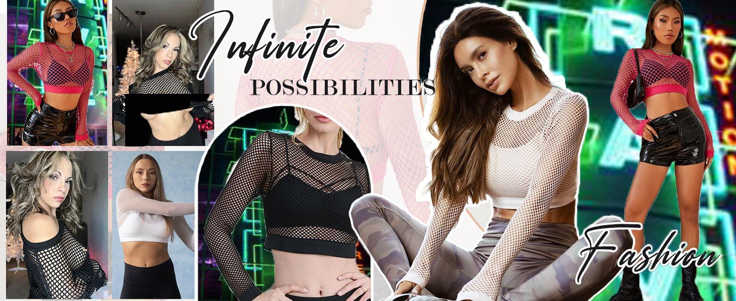 Avidlove Fishnet Top for Women Fishnet Crop Top Long Sleeve Fishnet Shirt Fishnet Long Sleeve Top