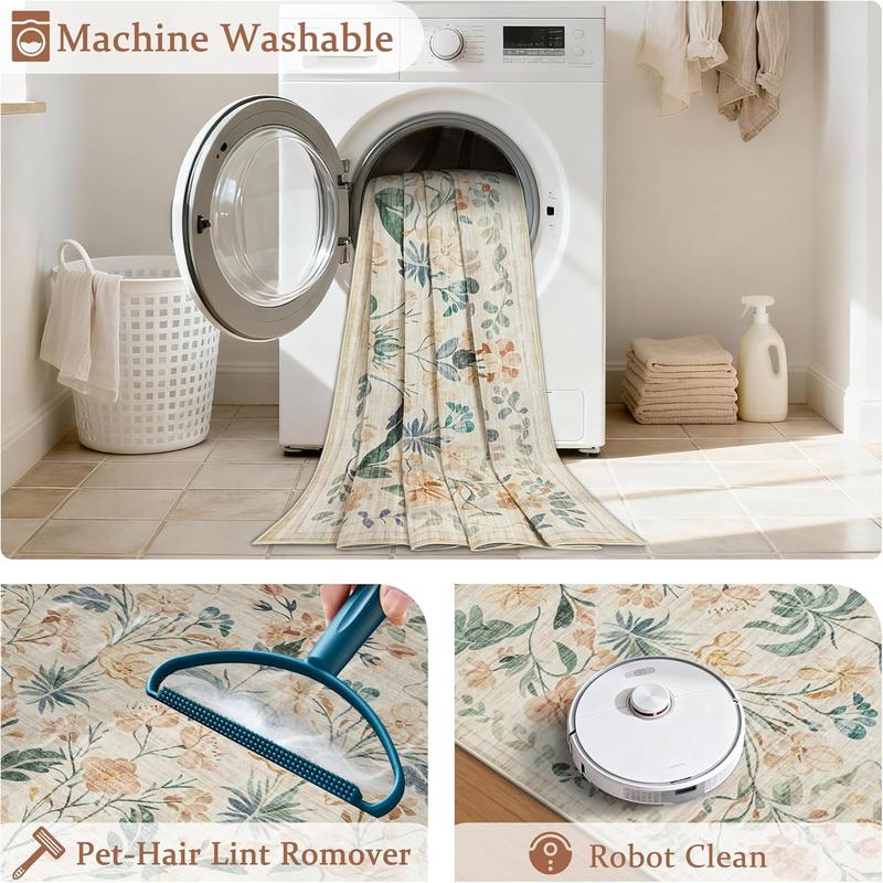 Lagre Boho Living Room Rug Soft Non-Slip Thin Carpet Indoor Floor Non-Shedding Neutral Floral Carpets for Bedroom Dining Room Farmhouse Nursery Washable Rug