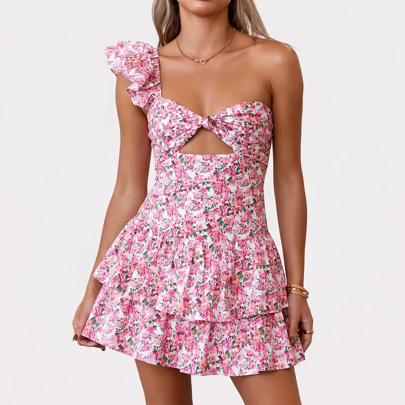Hello Molly Ruffled Out Dress One Shoulder Tiered Mini Dress