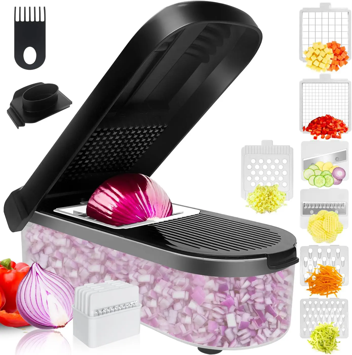 Sturdy Kitchen Multifunctional Food Chopper - 7-in-1 Veggie Slicer, Dicer, Blade Cutter with Cover for Onions, Potatoes, Cheese - Black Container Included Mandoline Utensils Stainless Steel