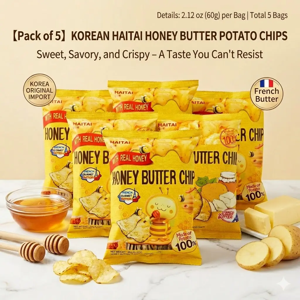 HAITAI Honey Butter Potato Chips, 5-Pack 2.12oz Each- Authentic Korean Sweet & Savory Snack