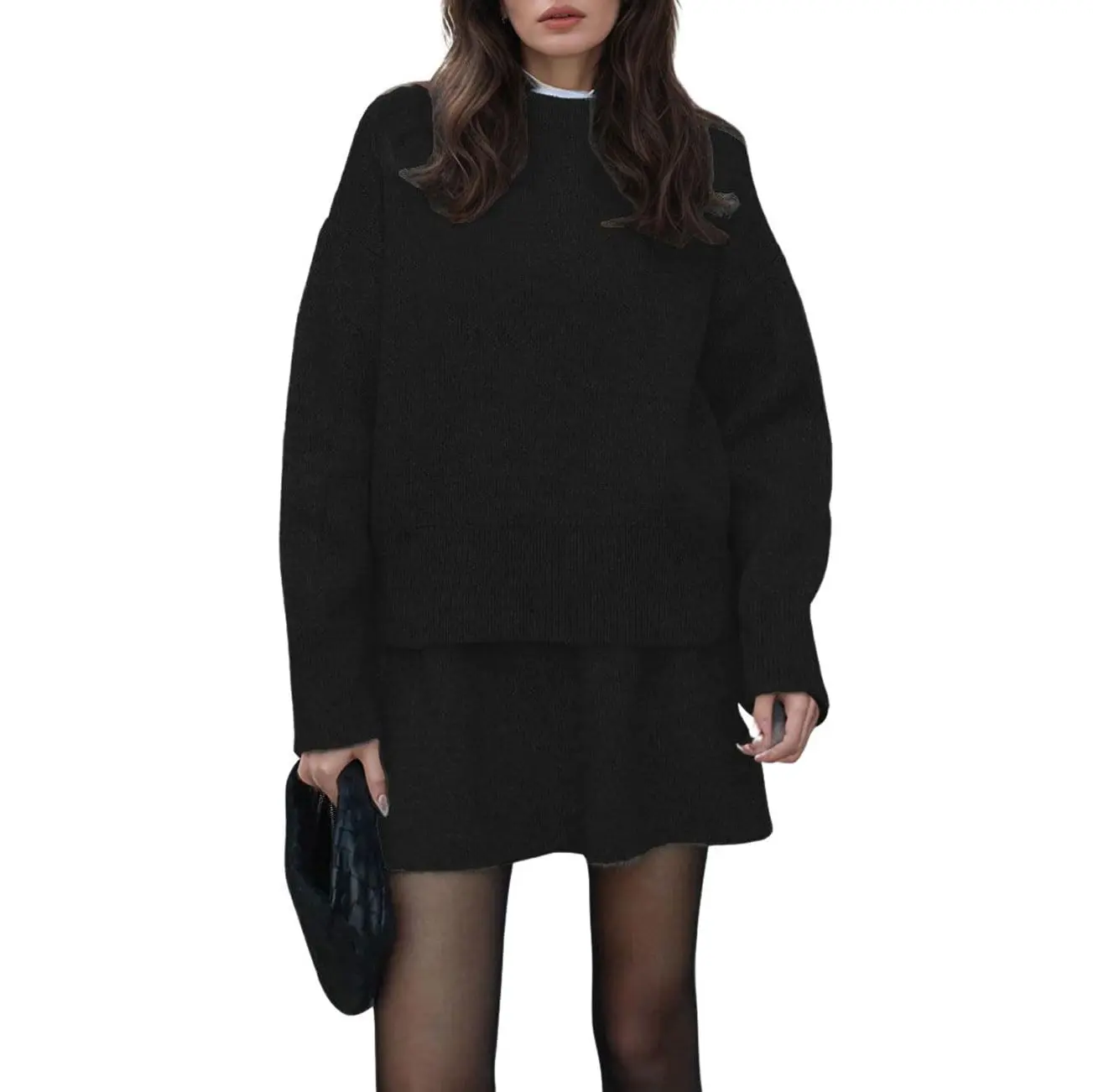 CHOUYATOU Women's 2 Piece Casual Sweater Set - Long Sleeve Round Neck Knitted Pullover and High Waist A-Line Mini Skirt, 2 Piece Sets Women, Women 2 Piece Sets