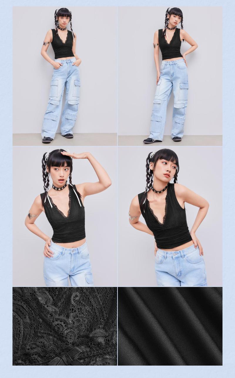 Cider Women's V-Neck Stretchy Lace Crop Tank Top with Bowknot, Spring Layering Camisoles, Y2K Stretch Fit Sleeveless Blouse, Ladies Lightweight Bow Detail Tops, Urban Chic Spring Fashion, Casual Stretch-Waist Summer Tops