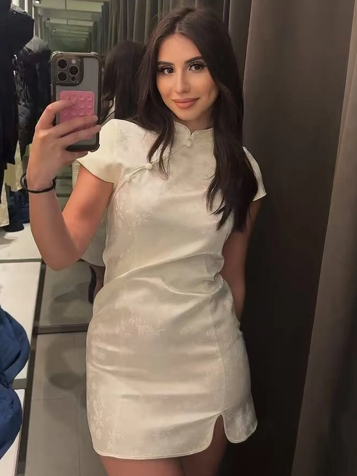 Mini Satin Jacquard Dresses Women's Dress Summer 2026 Elegant Party Dresses Short Sleeve Round Neck Bodycon Qipao Vestidos Chinese Style Dress Casual Prom Wedding Guest Vacation Dress