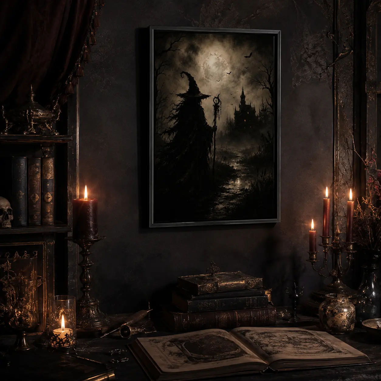 Dark Gothic Wizard With Staff Canvas Wall Art, Spooky Full Moon Haunted Castle Painting, Dark Fantasy Halloween Home Decor Poster