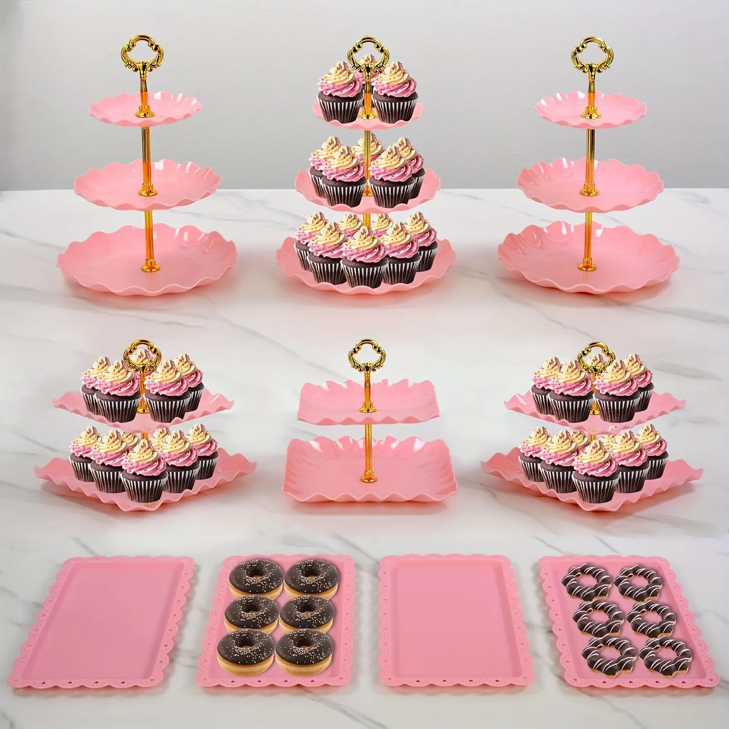 sebastian CADIA, Plastic 10pcs Party Cake Stand Set - 3 Double-Tier Cupcake Holders, 3 Triple-Tier Cupcake Holders, 4 Appetizer Trays - Perfect for Birthdays, Bridal Showers Pastry Decorative Kit, Cake Decorating Supplies, 10Pcs Dessert Cake Stand (Pink)