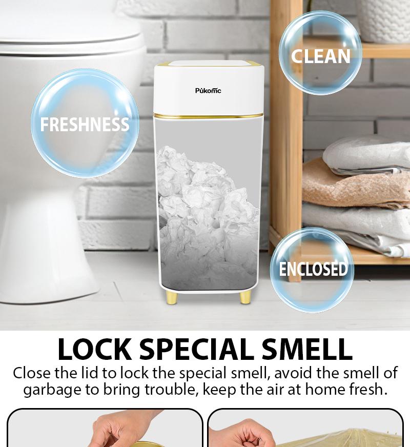 Pukomc Auto-Sensor Trash Bin – Wave & Knee Induction, Quick Voiceless Open, Removable Liner, Battery-Powered Touchless Garbage Can Automatic Dustbin