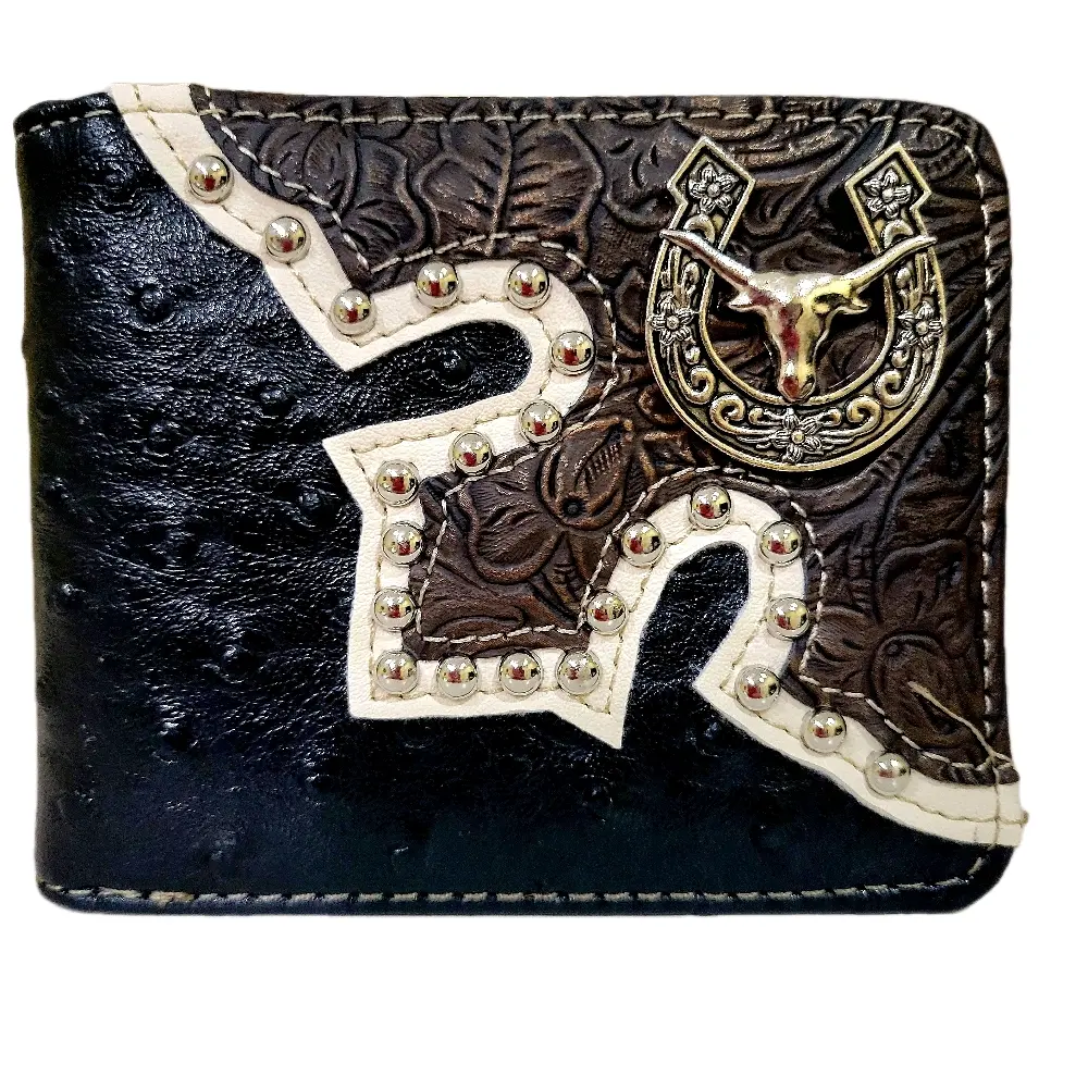 Longhorn horseshoe Western wallet Ostrich pattern short bi-fold faux leather with Longhorn concho