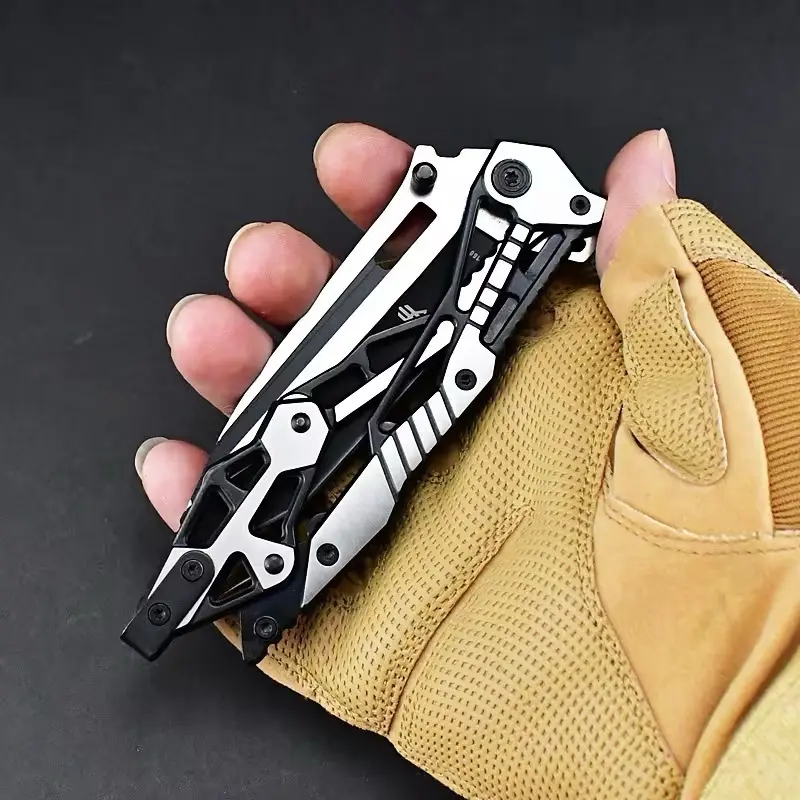 Two tone pocket knife grey chrome folding knife with carrying sheath outdoor multi tool