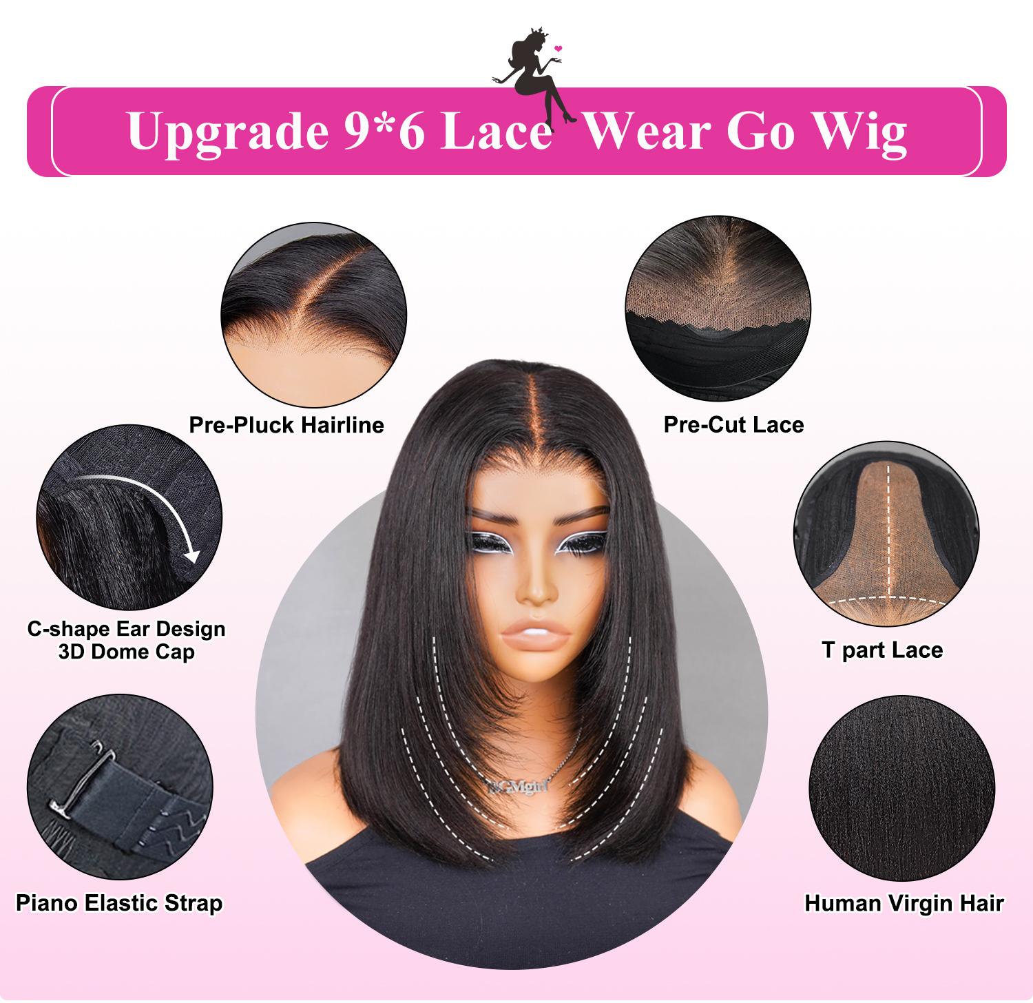 [New In] BGMgirl Wear Go 9x6 TPart Layered Cut Bob Yaki Straight Pre Everything Pre Bleached Knots Wear Go Pre Plucked HairlineWig Lace Draw-String Glueless Human Hair Wig eve valentines day gift