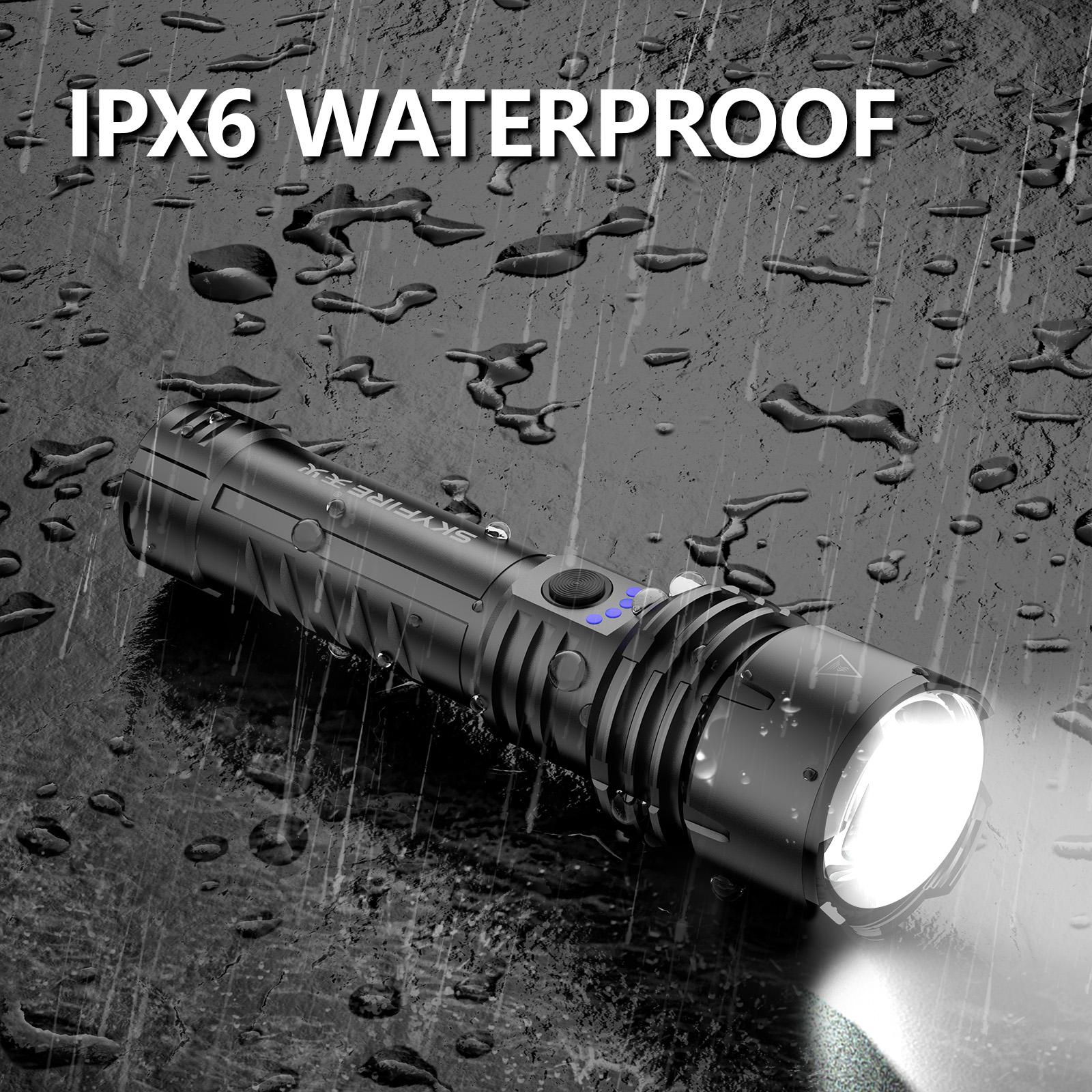 SKYFIRE 1376 LED Flashlight — high-lumen brightness, ultra-bright and rechargeable, featuring adjustable zoom and five lighting modes. A must-have for camping, perfect for both outdoor and home use