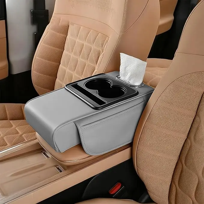 Universal Fit Padded 6-in-1 Car Center Console Armrest Storage Box, Multi-Storage Car Interior Stowing Accessory with Cup Holders, Tissue Slot, Dual USB C Fast Charging Ports, Star Ambient Projection Light