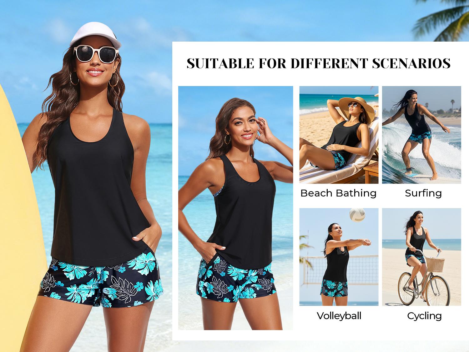 Aqua Eve Three Piece Tankini with Boyshorts Chlorine Resistant Quick Dry Modest Athletic Bathing Suit with Pockets Cool Toned Print Built in Shelf Bra for Beach Vacations Pool Parties Surfing Water Aerobics Summer Getaways Womens Sporty Swimwear
