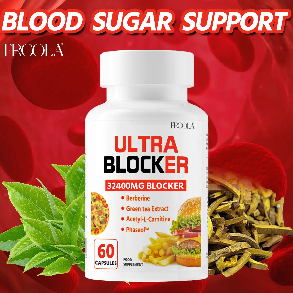 Frcola 4-in-1 Ultra Blocker Vitamin Capsules - Support Blood Sugar Balance - Formulated with Berberine, Green Tea, Acetyl-L-Carnitine