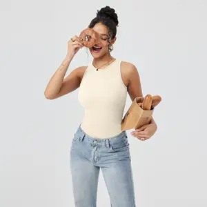 OYV Women's Sexy Ribbed High Crew Neck Sleeveless Bodysuit Summer Trendy