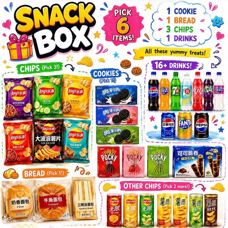 6 Full-Size Asian Snack Box Assortment - Sweet Snacks, Chips, Ramen & Drinks for Exotic Flavors - Affordable Multipack Gift Set Variety Snacks Food Assorted