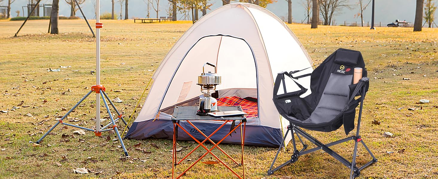 Heated Hammock Camping Chair, Swing Chair, Folding Rocking Chair, Camping Chair, High Back with Stand, Cup Holder, Side Pocket, Heavy Duty 10000mAh Power Bank Included