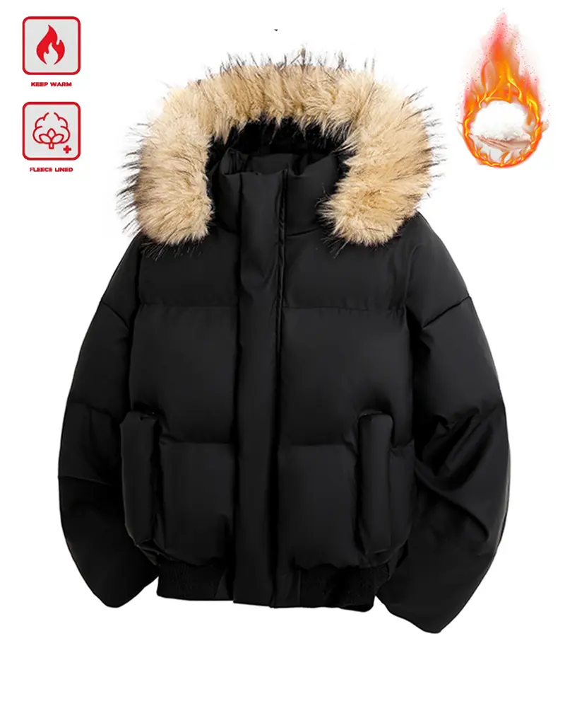 Menswear Long-Sleeve Cotton-Padded Thick Warm Jacket with Detachable Fur Collar, Hoodie Tops for Daily Commuting & Weekend Outings, Ideal Gift for Boyfriends