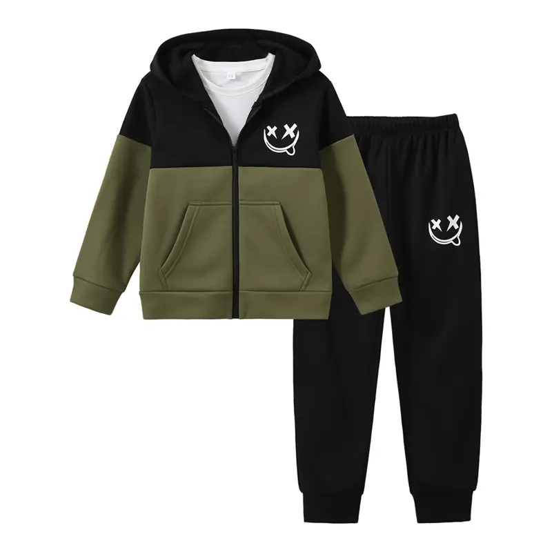 #backtoschool Boys' 2-Piece Color Blocking Set Outfit, Autumn-Winter Stylish Smiley Print Zipper Hoodie with Elastic Waist Casual Sweatpants, Casual Wear for Going Out & Sports, Machine Wash Kids' Suit, Zipper Front