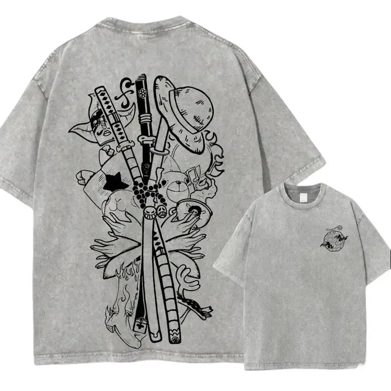 One Piece Anime Devil Fruit Zoro Swords Graphic Shirt Vintage Washed Straw Hat Crew Merch Tee