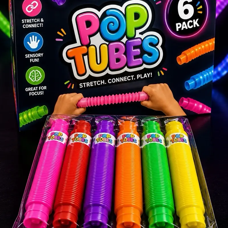 6 Pack Light Up Pop Tubes – Sensory Fidget Toys for Kids | Stretch, Snap & Connect | Autism & ADHD Toy