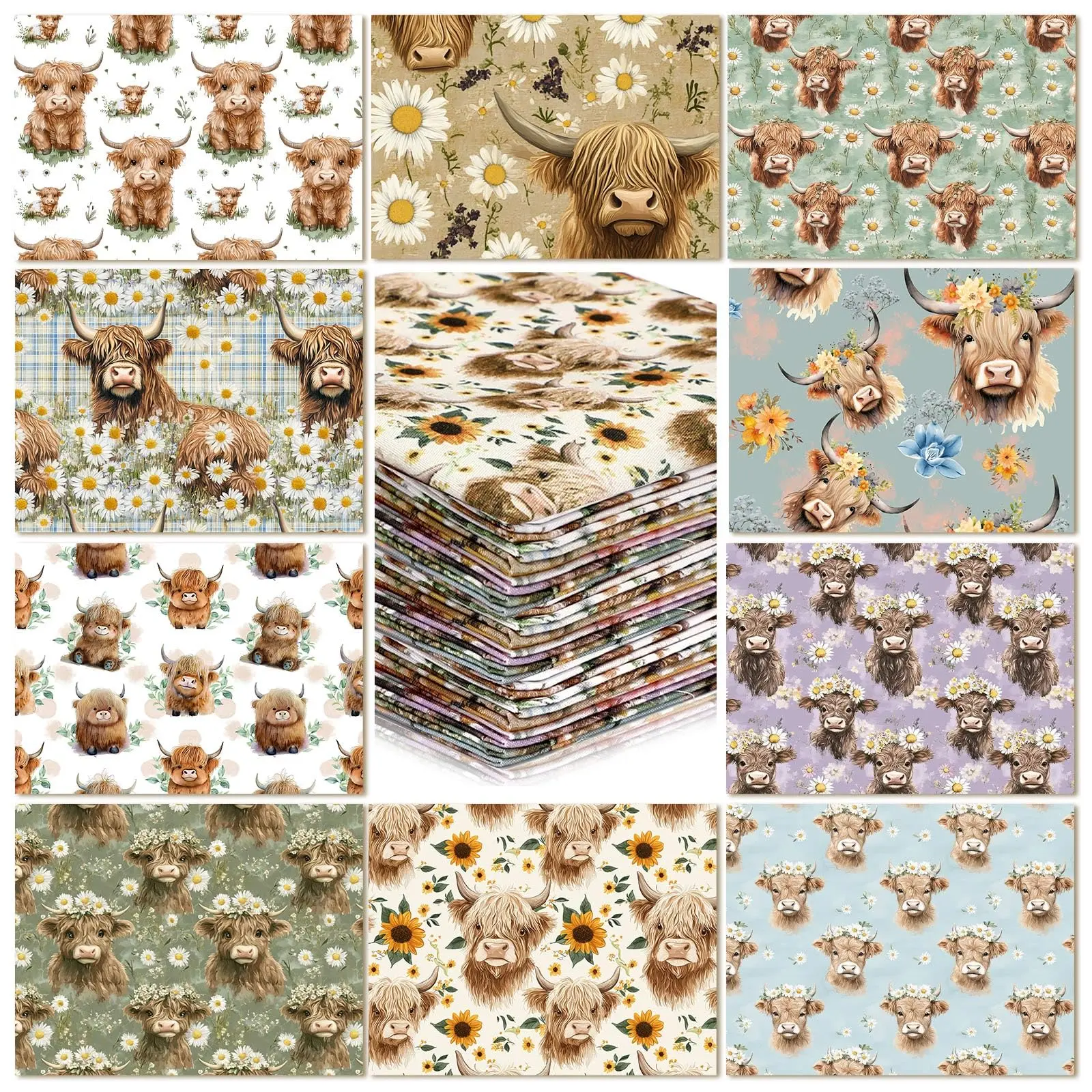 NCH Highland Cow Polyester-Cotton Quilting Fabric Squares - 18 x 22 inch Western Precut Fat Patchwork Strips with Casual Patchwork Design, Floral Pattern, Durable Fade-Resistant Multiple Packs for Scrapbooks, Sewing