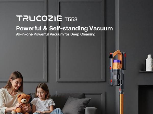 【2026 New Arrivals】Trucozie T553 Cordless Vacuum Cleaner for Home, Upgraded 60Kpa Powerful Suction Pet Hair Vacuum with 70min Runtime, Green LED Light for Hardwood Floors & Carpet, Self-Standing Rechargeable Stick Vacuum