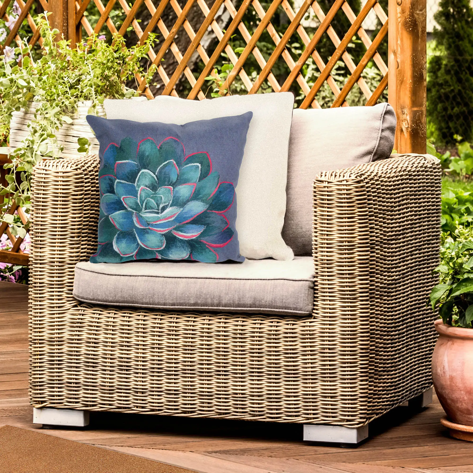 Lush Decor VISIONS IV Handmade Craft Couch Cushion - Contemporary Graphic Botanical Floral Accent Pillow (Succulent), Indoor/Outdoor for Backyard, Nursery, Deck