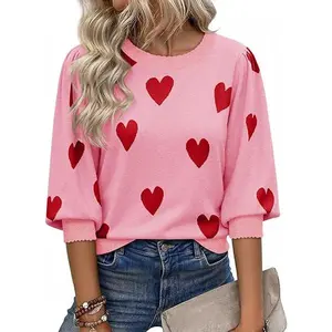 Cicy Bell Women's 3/4 Puff Sleeve Sweater Tops Fall Casual Crew Neck Lightweight Knit Pullover Loose Fit Scallop Trim Sweater Valentine's Day