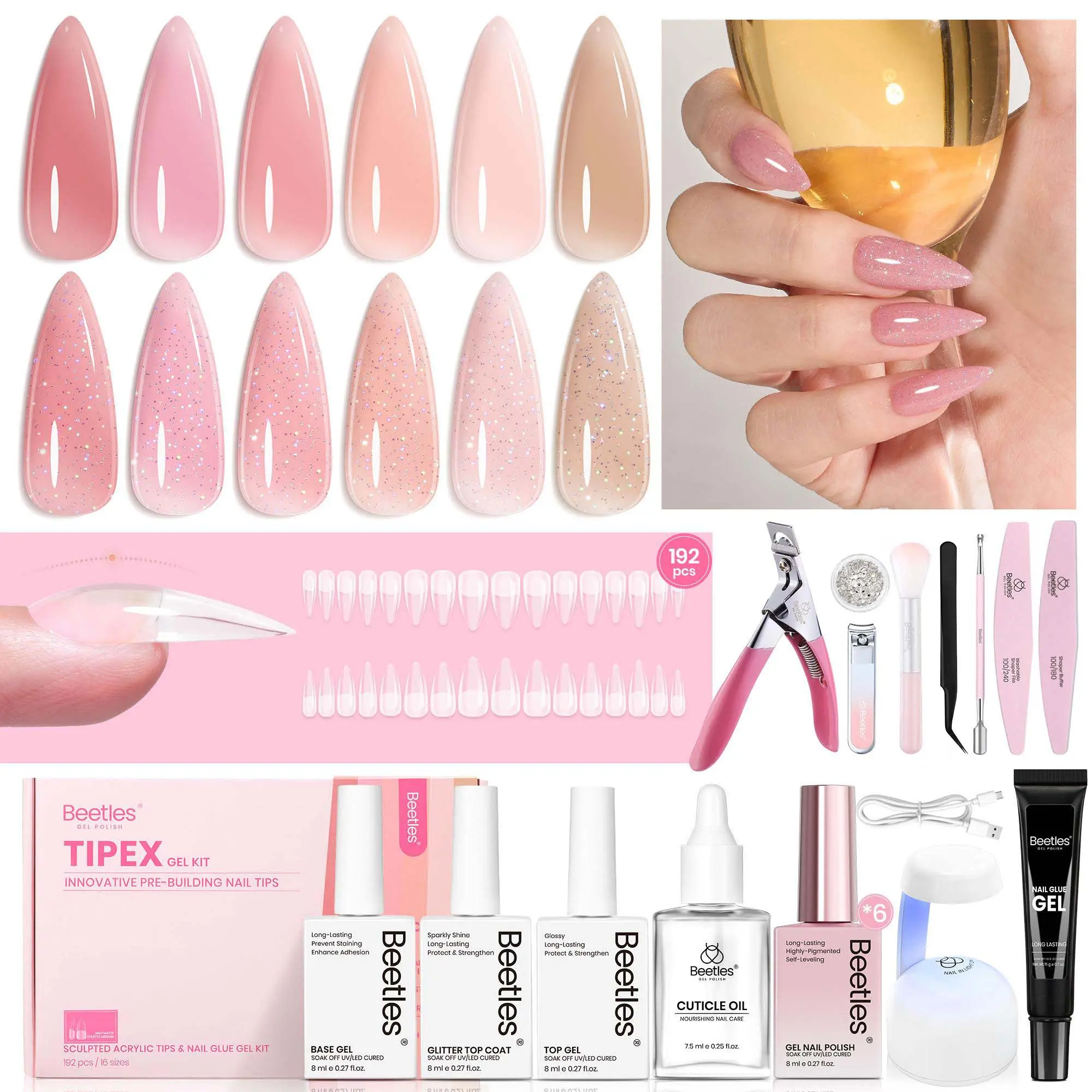 Beetles Tipex Nail Art Kit with Gel Polish, 192pcs Tipex Nail Tips with Gel Nail Polish Solid Nail Glue Base & Top Coat DIY Manicure Cutics Gift for Women Girls mothersdaygift #Summervibes outdoorfun