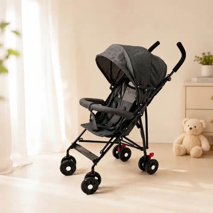 Gray Baby Stroller, Lightweight Foldable with Adjustable Removable Sunshade, 3-Point Safety Harness, Sturdy Steel Frame