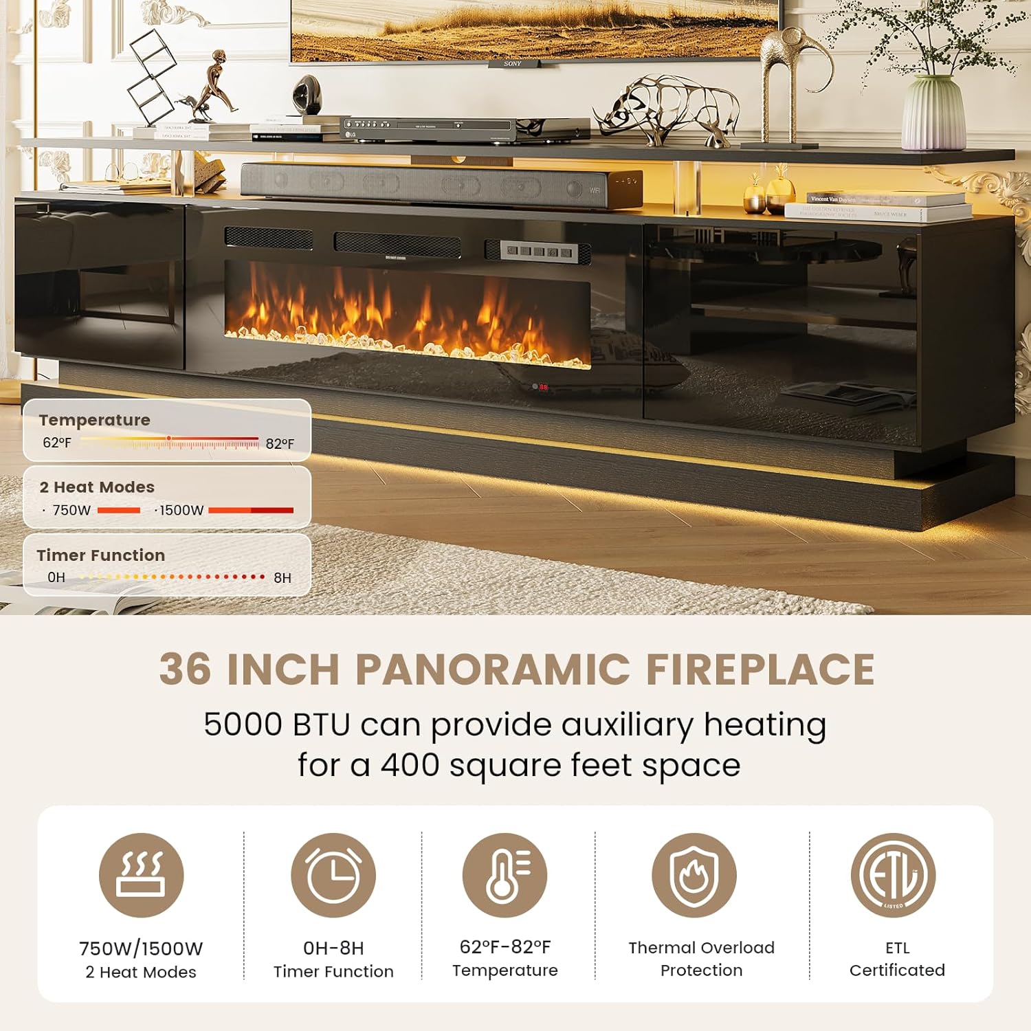 【2 Packages Shipping】oneinmil 70" Fireplace TV Stand, Modern Entertainment Center for TVs Up to 80”, TV Console with Storage Cabinets, Media Console for Living Room, White TV Stand and White Fireplace