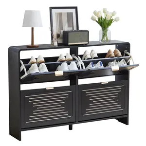 Giratree  Modern Flip Shoe Storage Cabinet with 2-Tier Adjustable Shelves, Slim Entryway Shoe Organizer with Metal Handles & Curved Edge, Space-Saving Shoe Rack for Entryway, Hallway, Bedroom