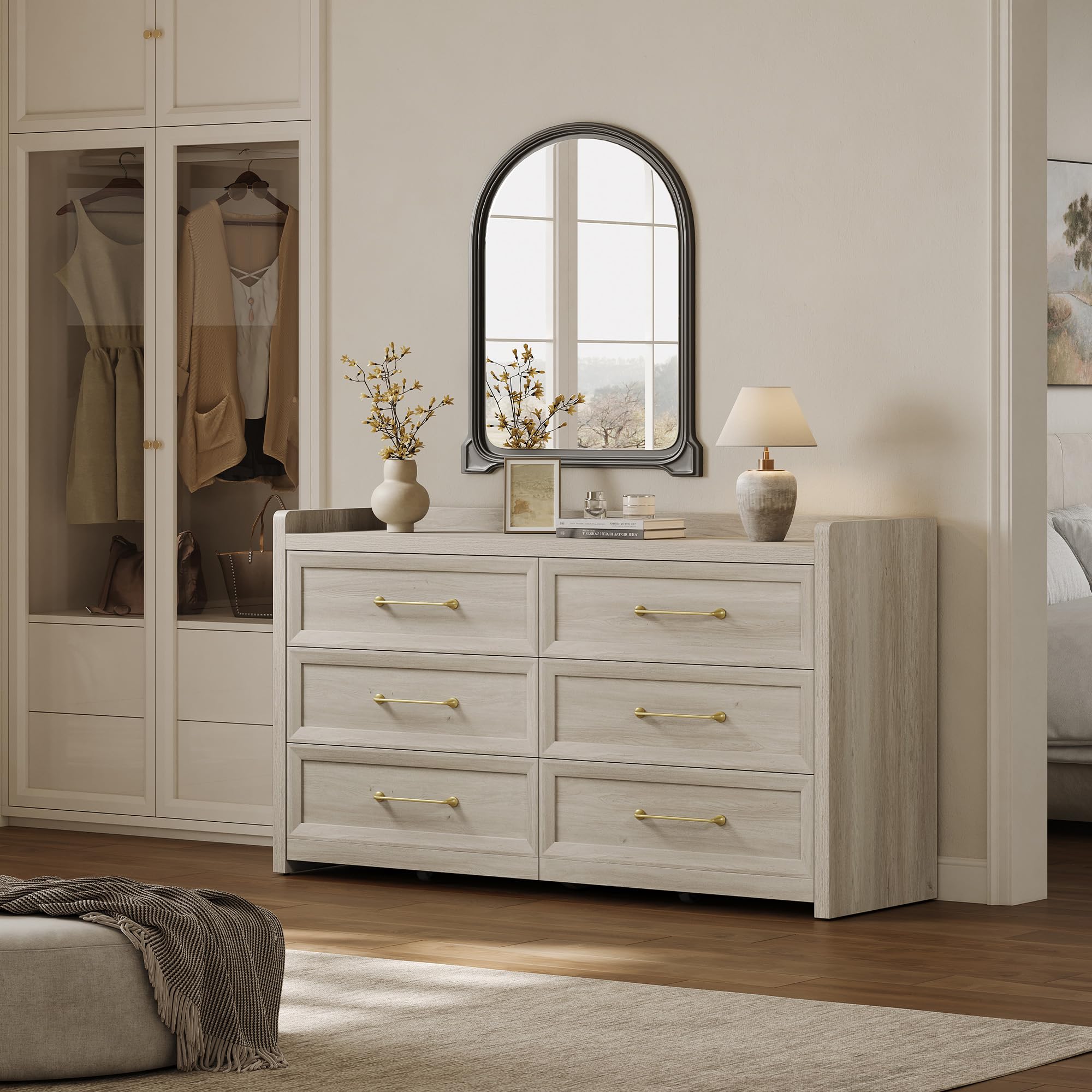 SICOTAS 6 Drawer Dresser for Bedroom-56.4" Extra-Wide Wooden Chest of Drawers with Large Storage, Long Dresser TV Stand with Drawers, Farmhouse Closet Dressers for Nursery Living Room