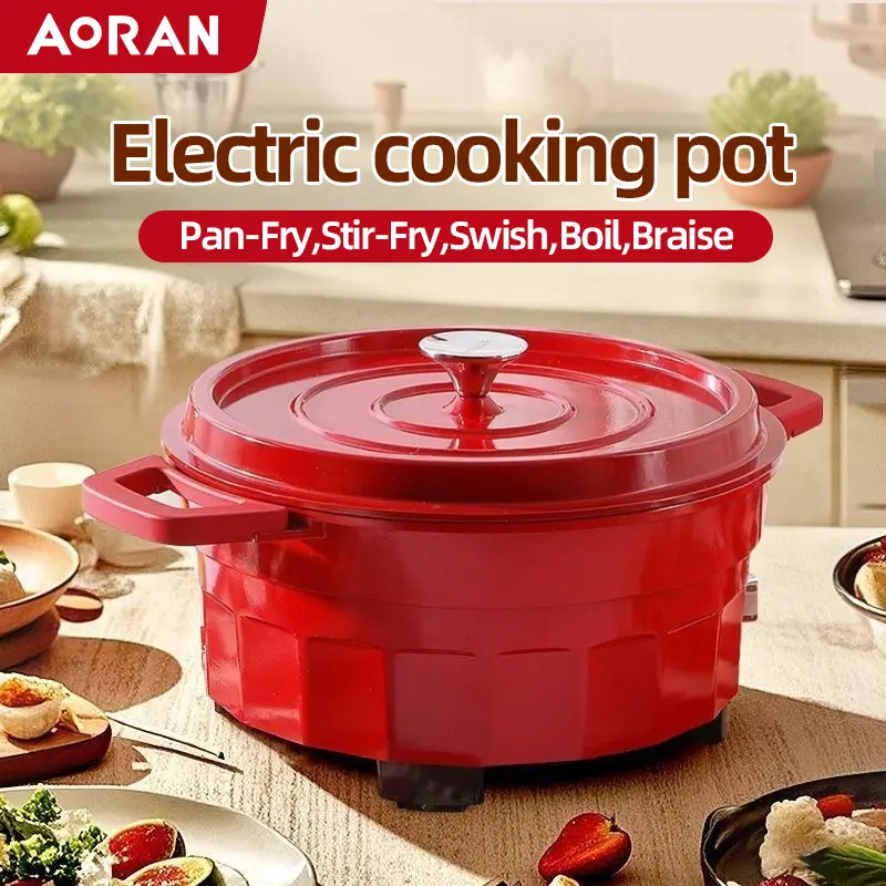 AORAN Red ename dual-zone electric hot pot featuring rapid heat transfer and high-temperature resistance with a non-stick coating for easy cleaning, Cooking Pot, Heating Cooker, Multifunctional Hot Pot